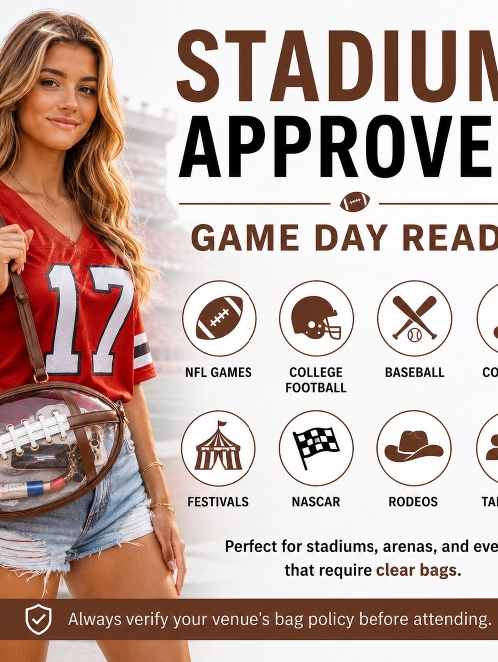 Football-Shaped Clear Crossbody Bag Stadium Approved Brown Purse - Picture 4 of 13